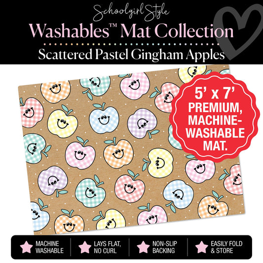Scattered Pastel Gingham Apples on Banner Backdrop Classroom Mat by Schoolgirl Style