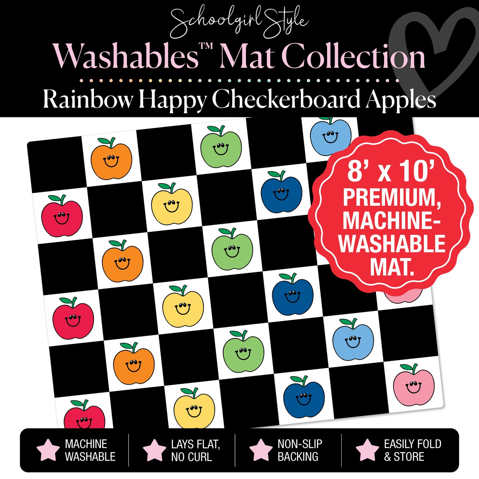 Rainbow Happy Apples on Black and White Checkerboard Classroom Mat by Schoolgirl Style