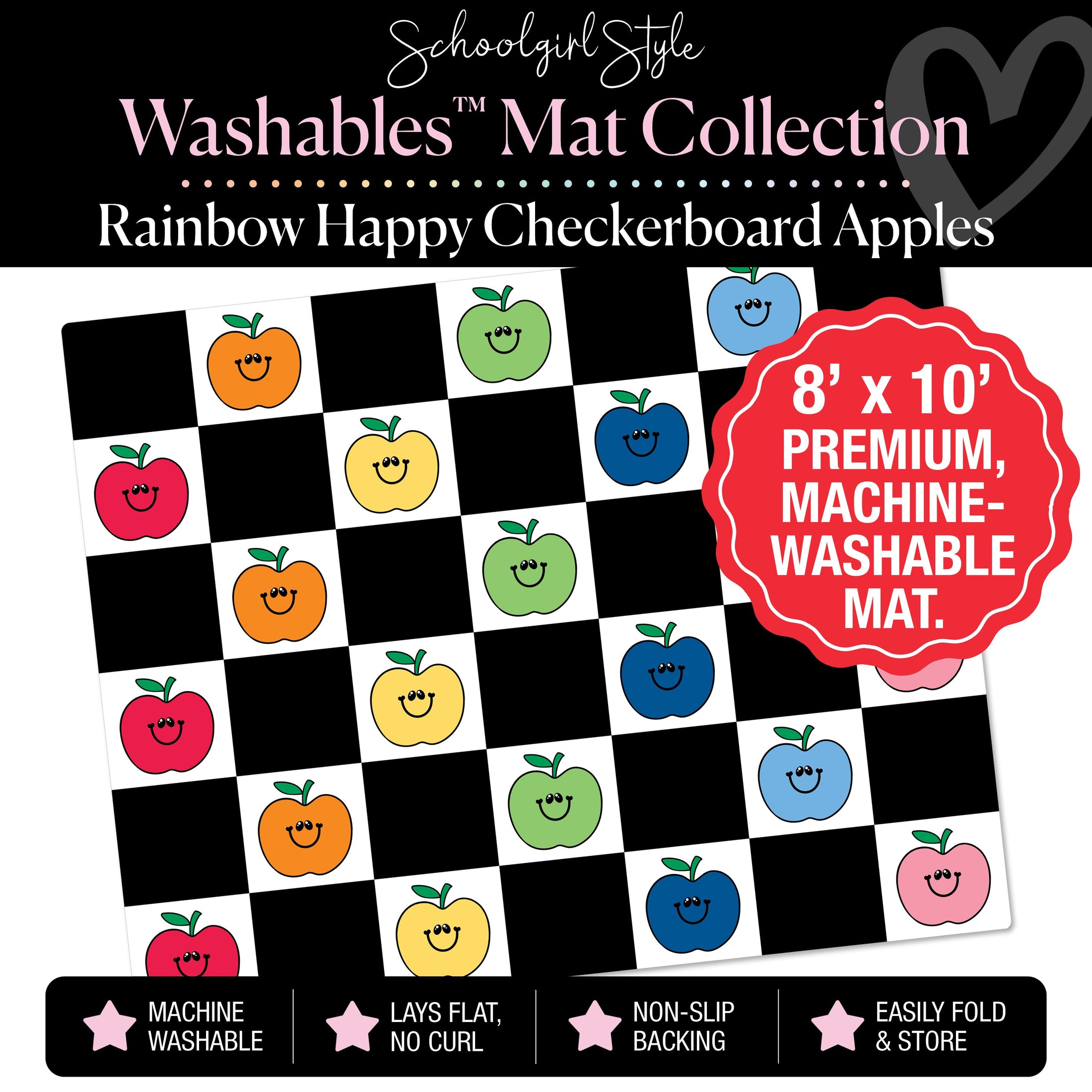 Rainbow Happy Apples on Black and White Checkerboard Classroom Mat by Schoolgirl Style