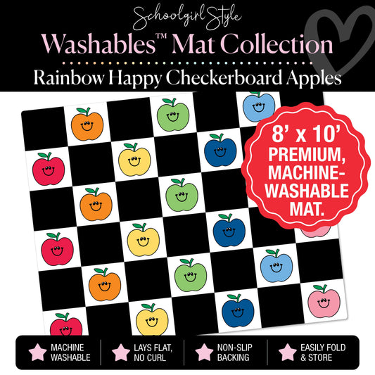 Rainbow Happy Apples on Black and White Checkerboard Classroom Mat by Schoolgirl Style