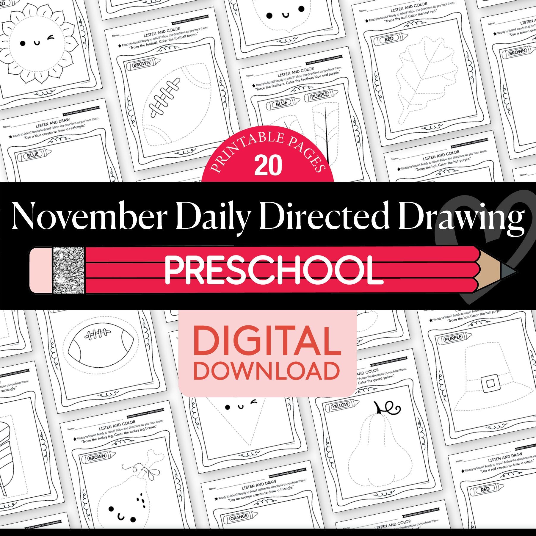 Printable Preschool November Directed Drawing Worksheets