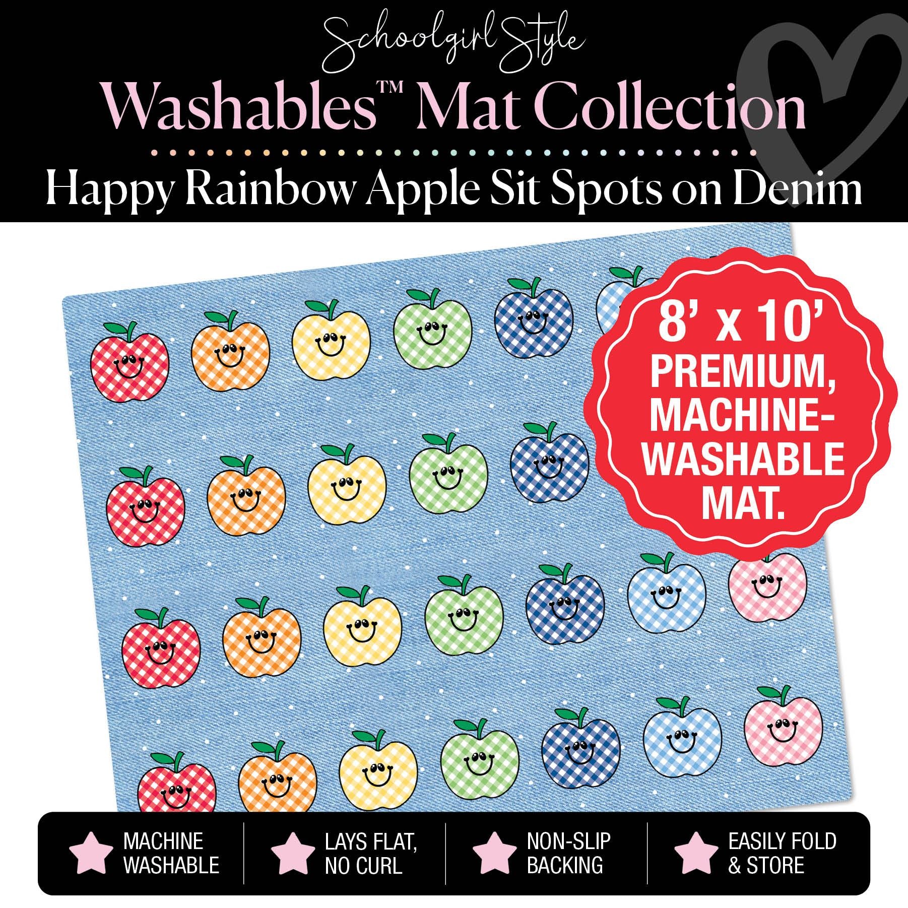 Happy Rainbow Apple Sit Spots on Denim Classroom Mat by Schoolgirl Style