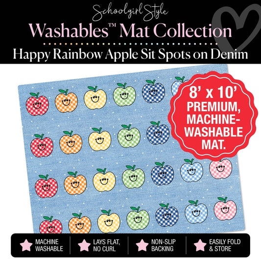 Happy Rainbow Apple Sit Spots on Denim Classroom Mat by Schoolgirl Style