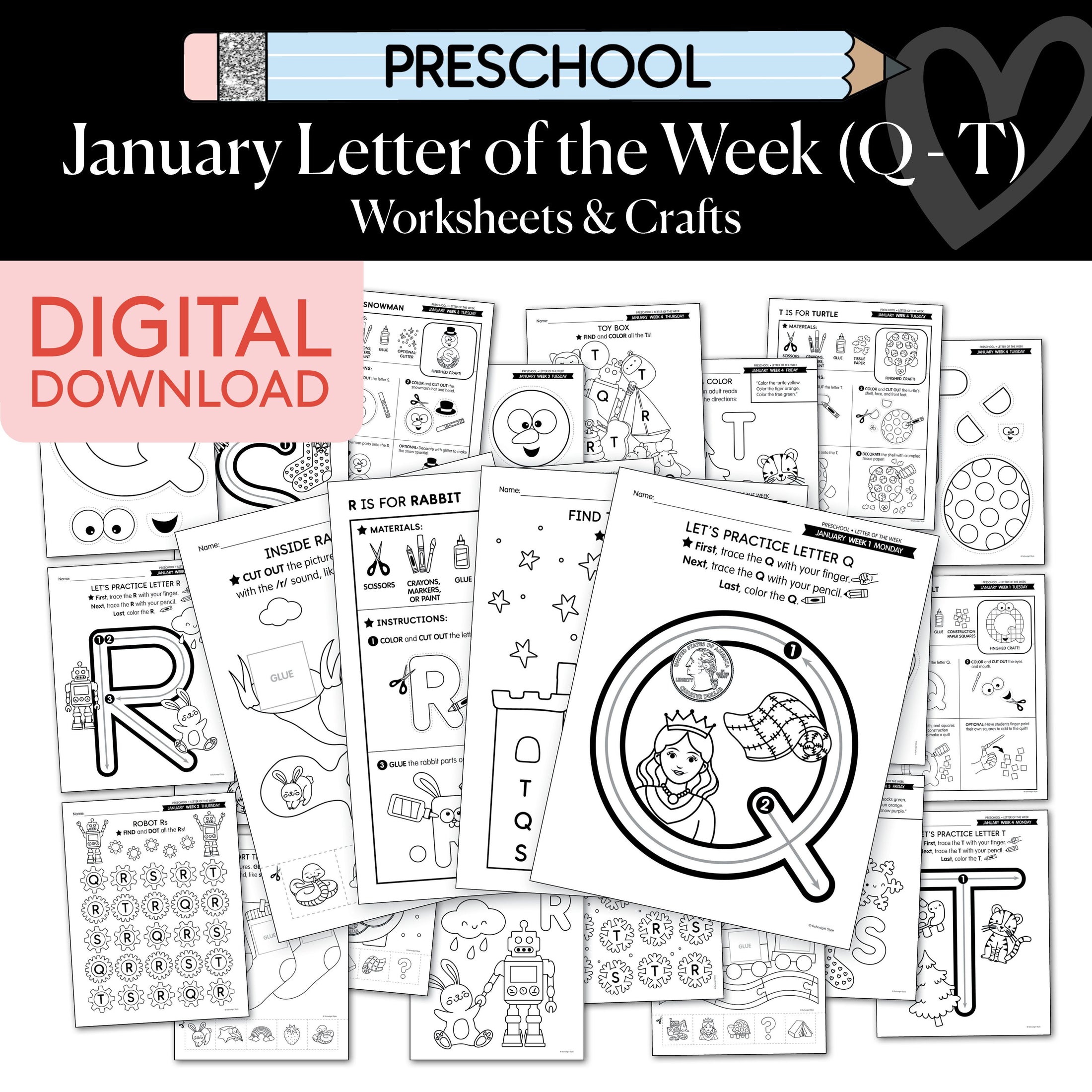 Printable Preschool January Letter of the Week (Q-T)