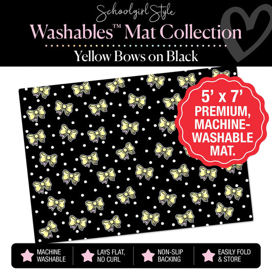 Pencil Bows on Black Polka Dot Background Classroom Mat by Schoolgirl Style