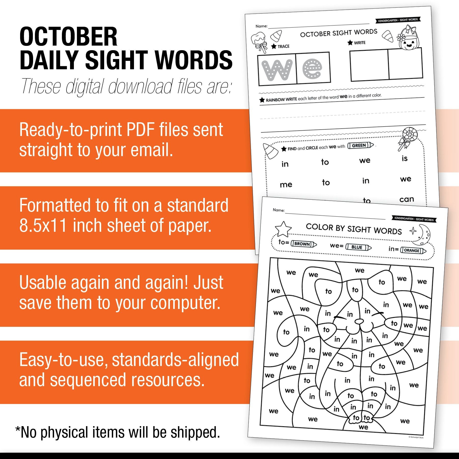 Printable Kindergarten October Daily Sight Words