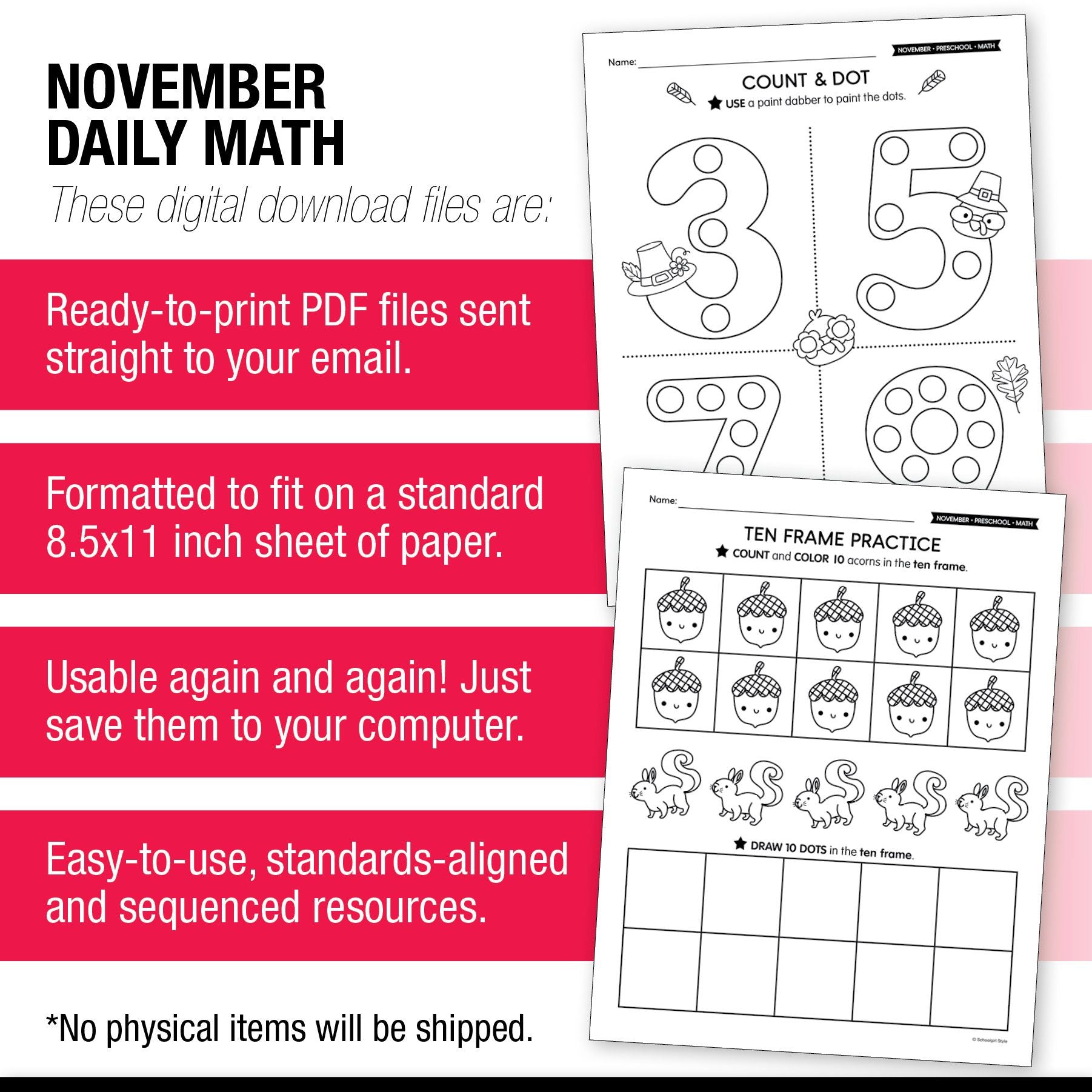 Printable Preschool November Daily Math