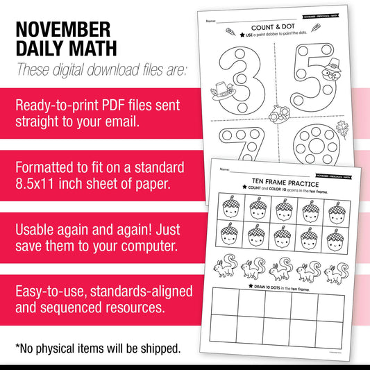 Printable Preschool November Daily Math