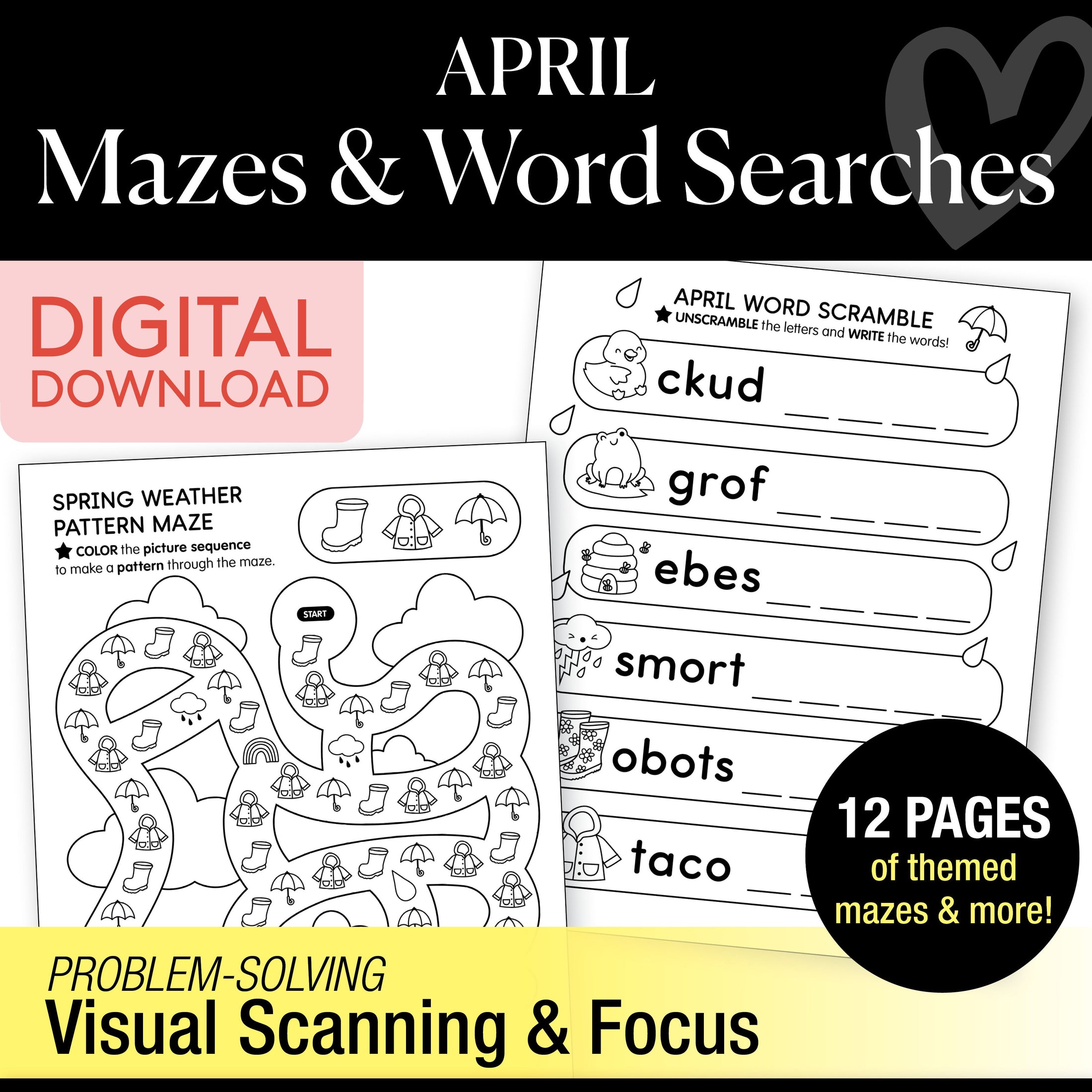 Printable April Mazes and Word Searches