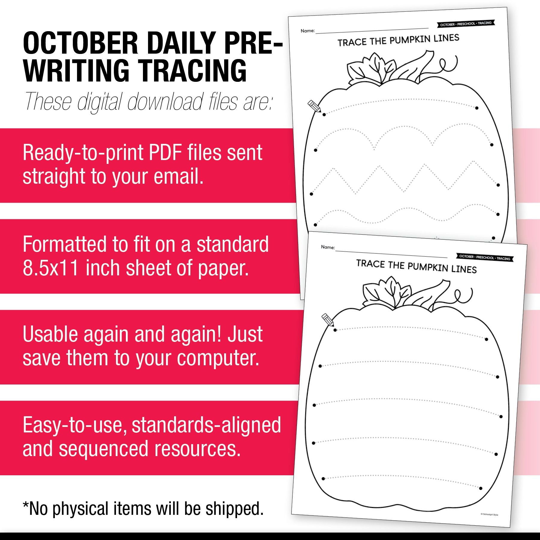 Printable Preschool October Pre-Writing Tracing Worksheets