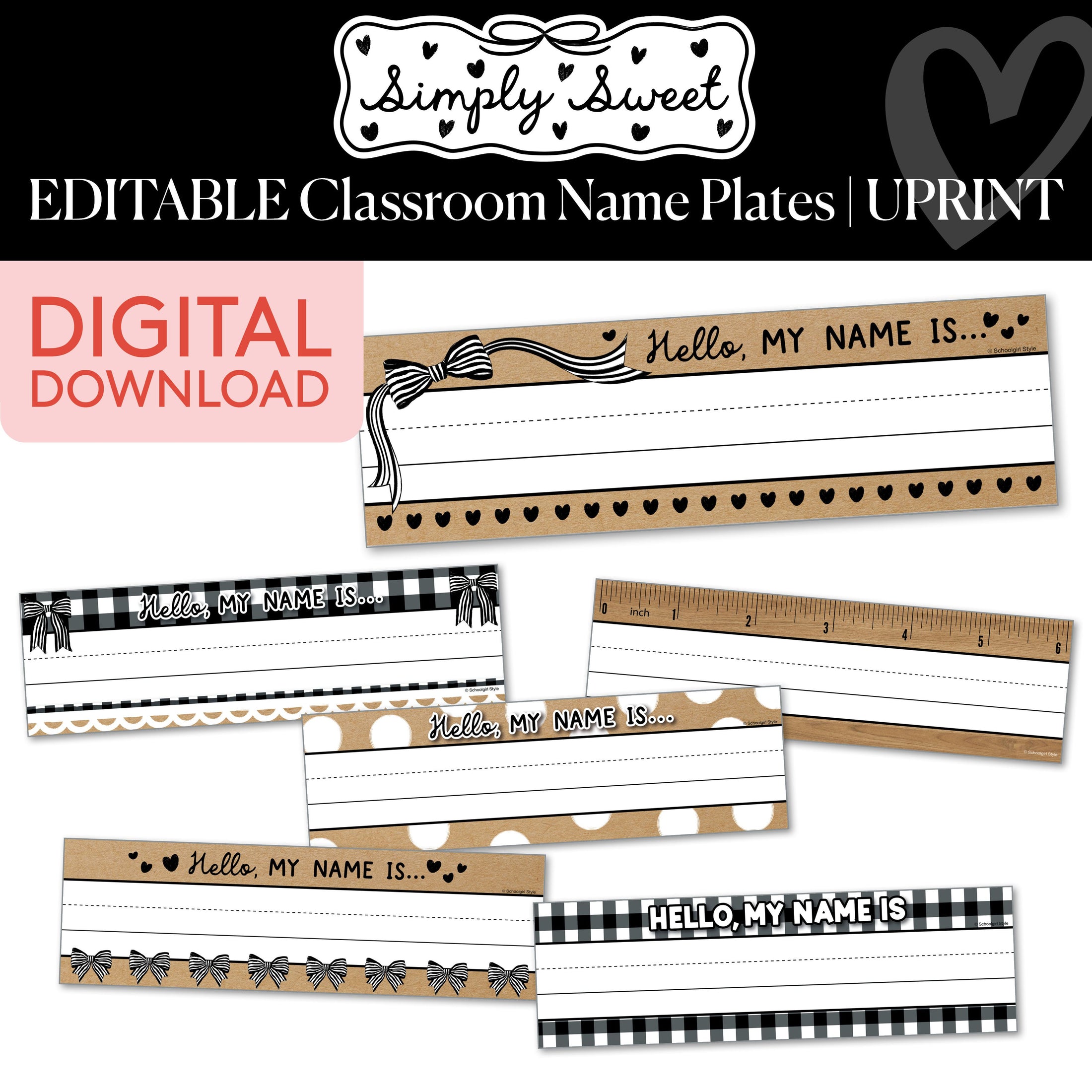 Printable Classic Black and White Editable Classroom Name Plates | Simply Sweet