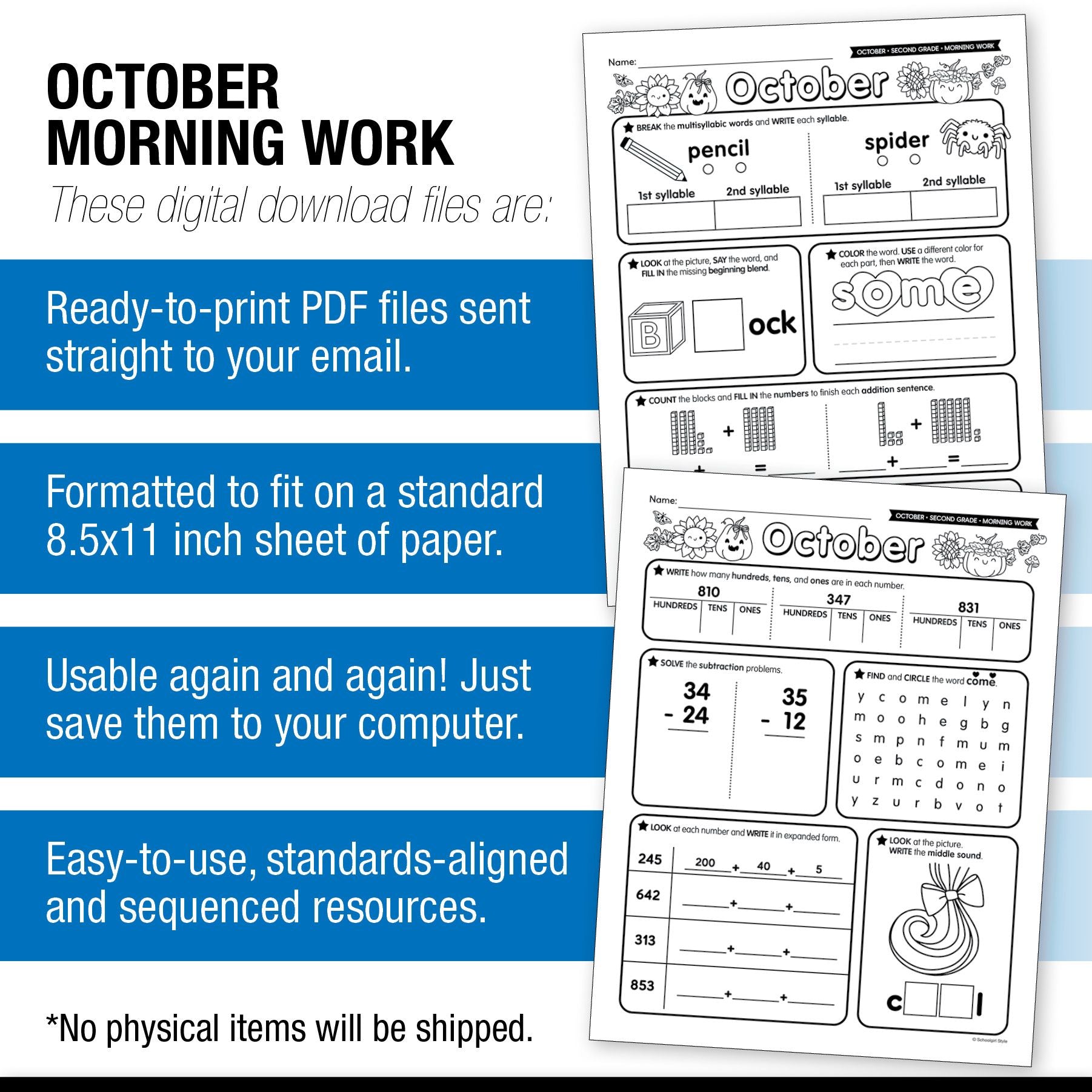 Printable Second Grade October Daily Morning Work Worksheets