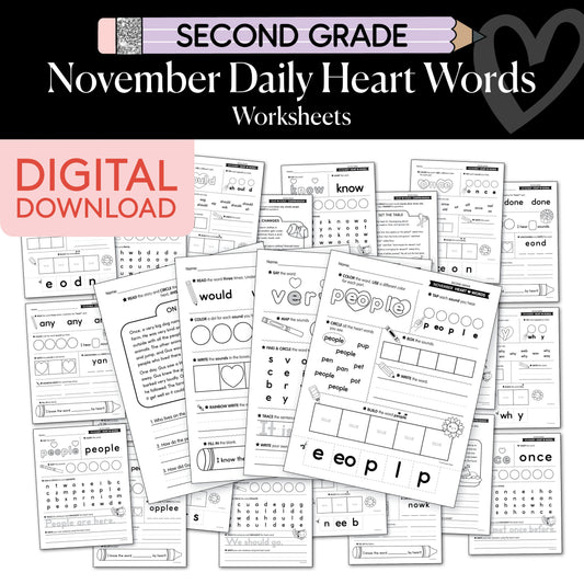 Printable Second Grade November Daily Heart Words