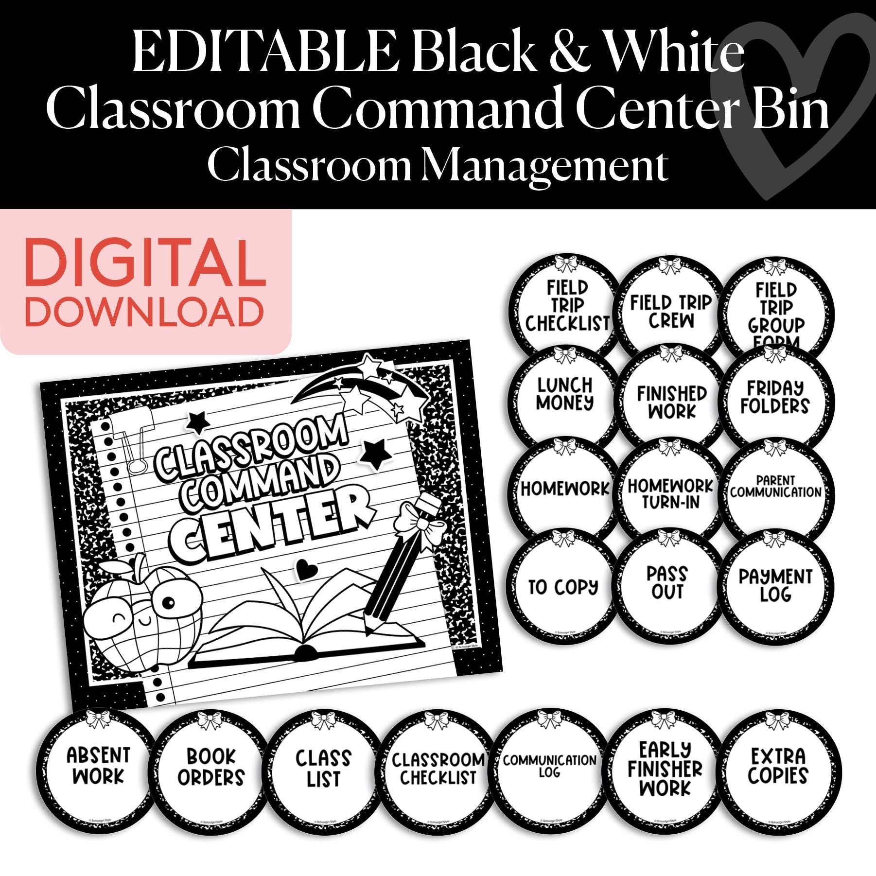 Printable Black and White Command Center Classroom Bin
