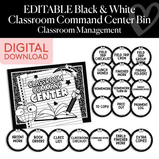 Printable Black and White Command Center Classroom Bin