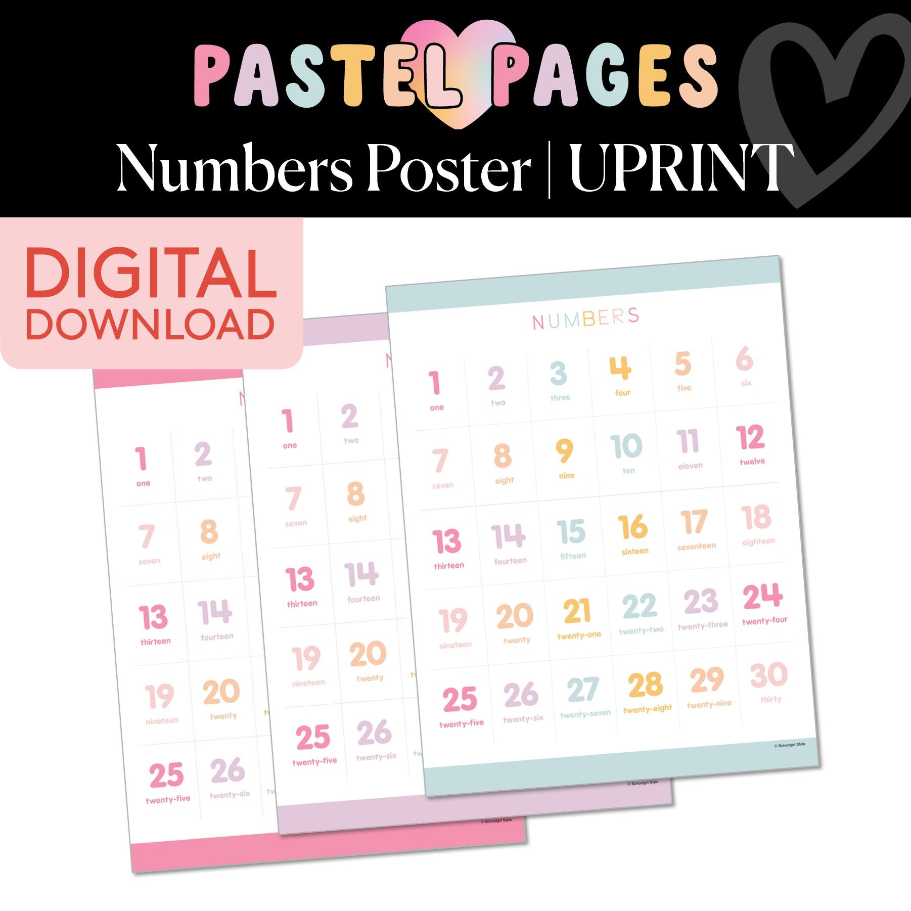 Printable Boho Pastel Numbers 1–30 Poster | Pastel Pages