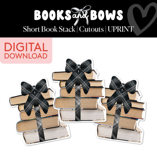 Printable Black and White Short Book Stack Bulletin Board Cutouts | Books and Bows