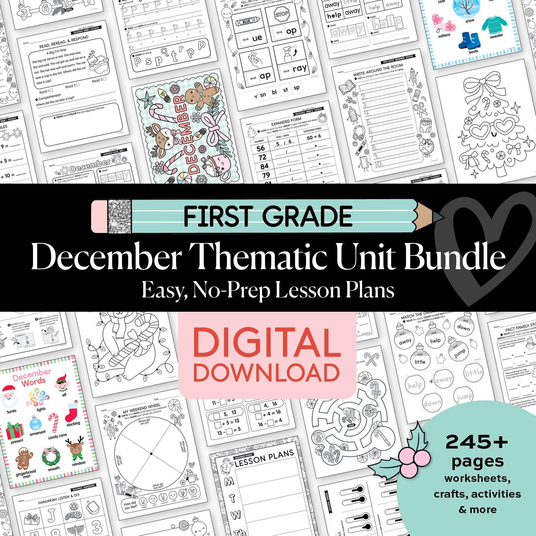 Printable First Grade December Thematic Unit Bundle