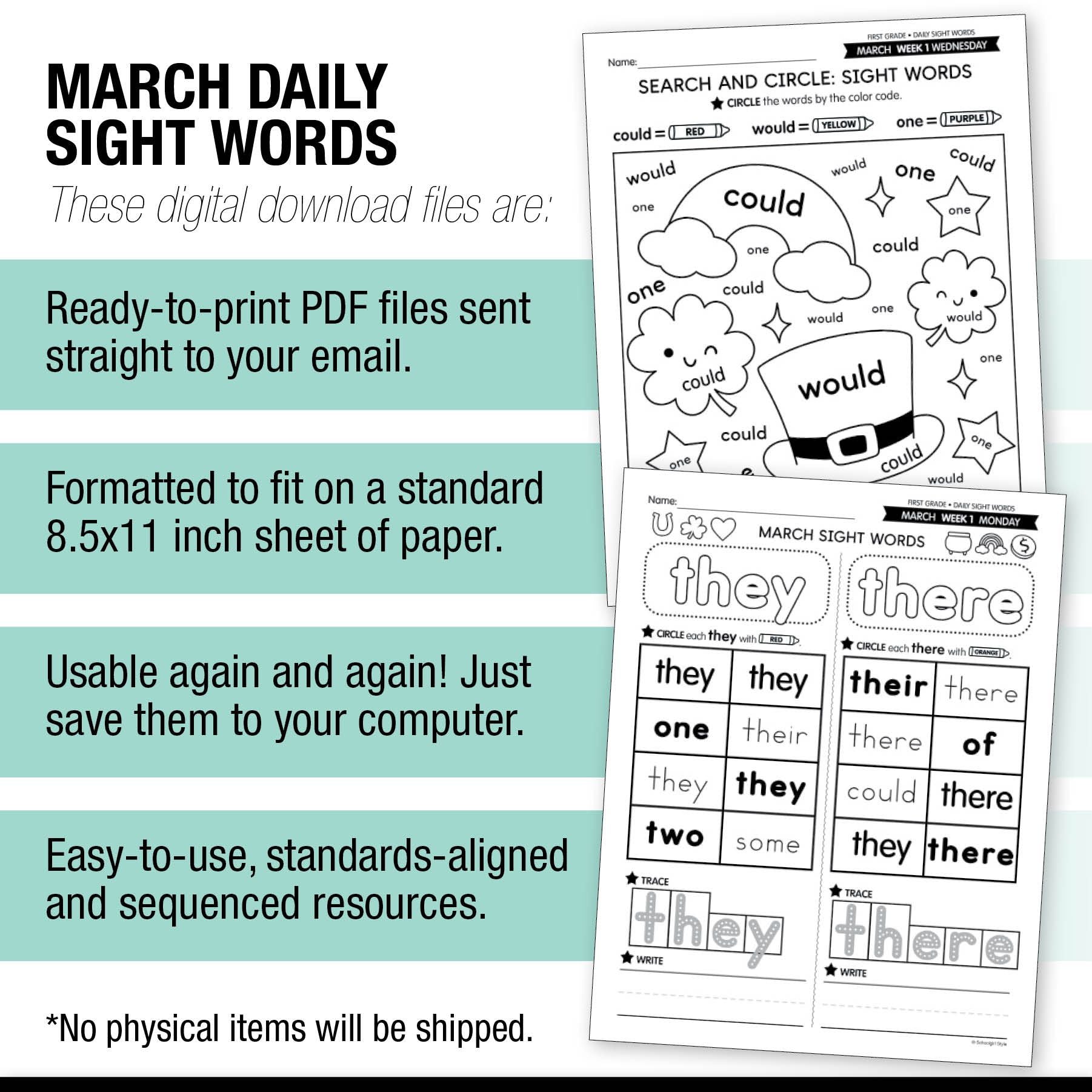 Printable First Grade March Daily Sight Words