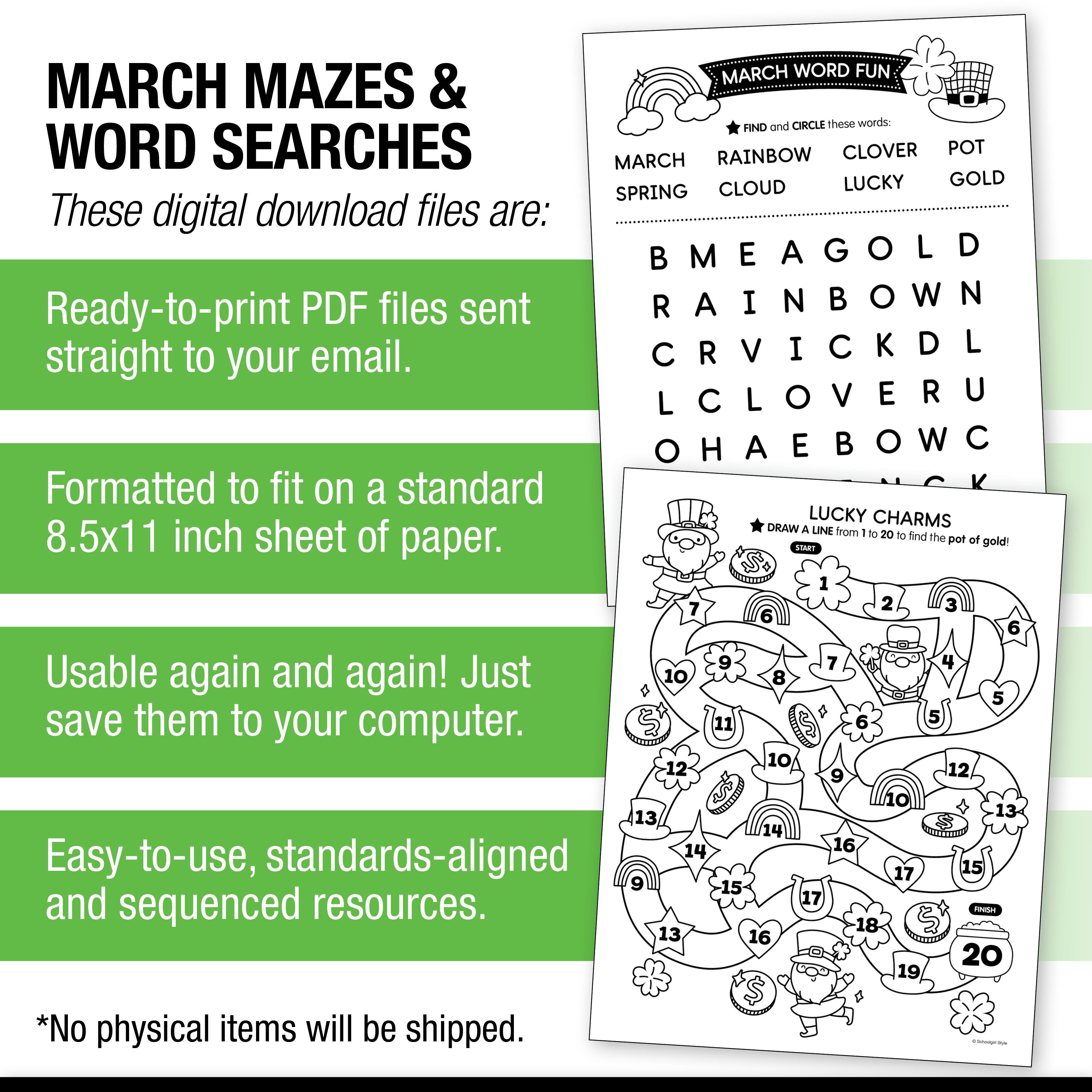 Printable March Mazes and Word Searches