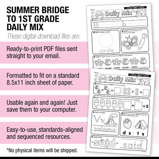 Printable Bridge To First Grade Daily Mix Digital Summer Workbook