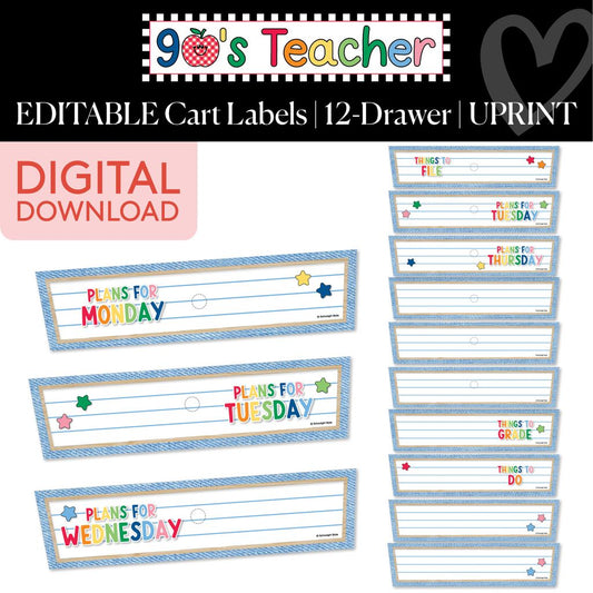 Printable Retro Editable 12-Drawer Cart Labels | 90s Teacher