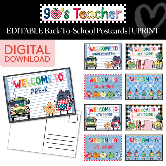 Printable Retro Editable Back-to-School Postcards | 90s Teacher