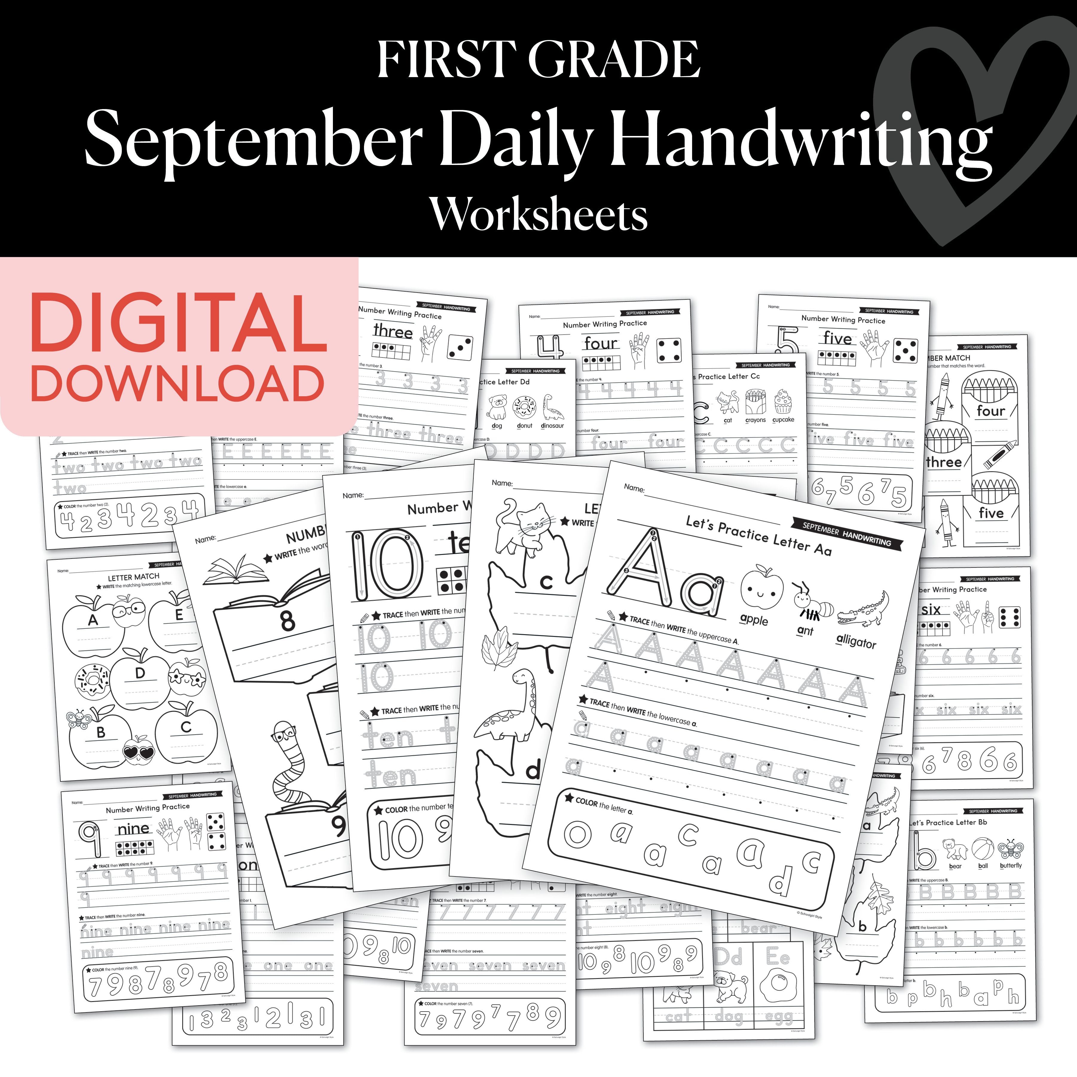 First Grade September Daily Handwriting Worksheets – Schoolgirl Style