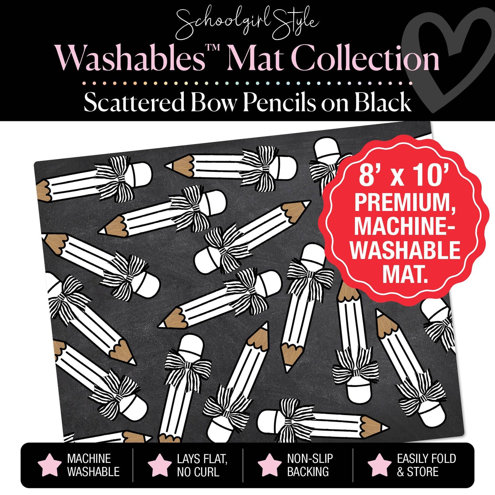 Scattered Bow Pencils on Black Classroom Mat by Schoolgirl Style