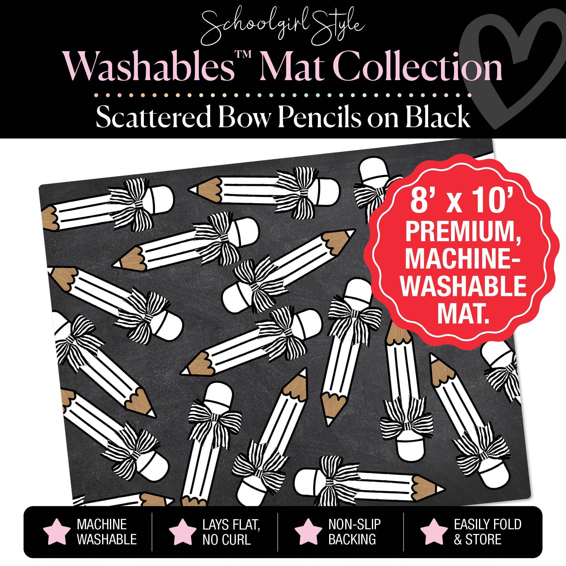 Scattered Bow Pencils on Black Classroom Mat by Schoolgirl Style