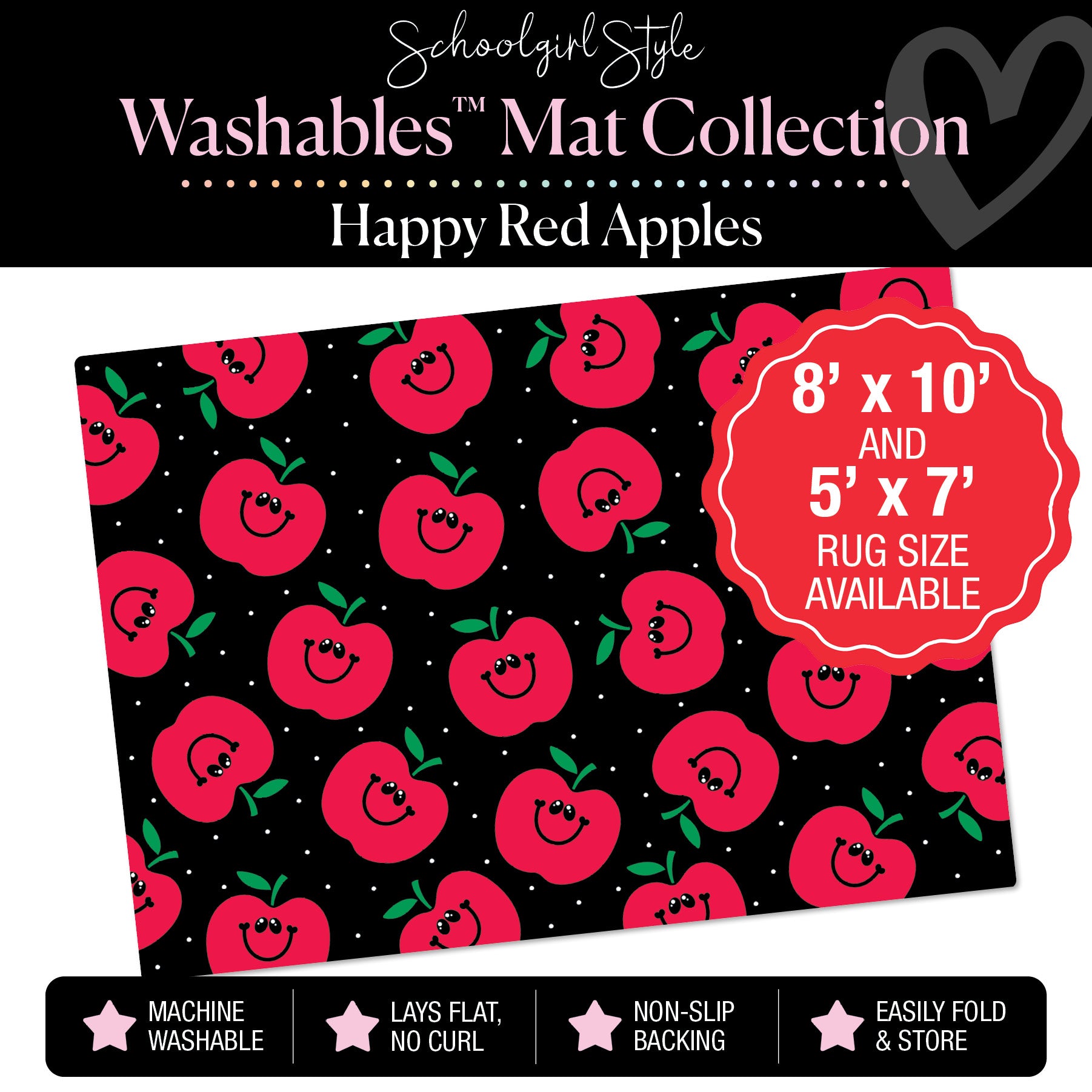 Happy Red Apples on Black Background Classroom Mat by Schoolgirl Style