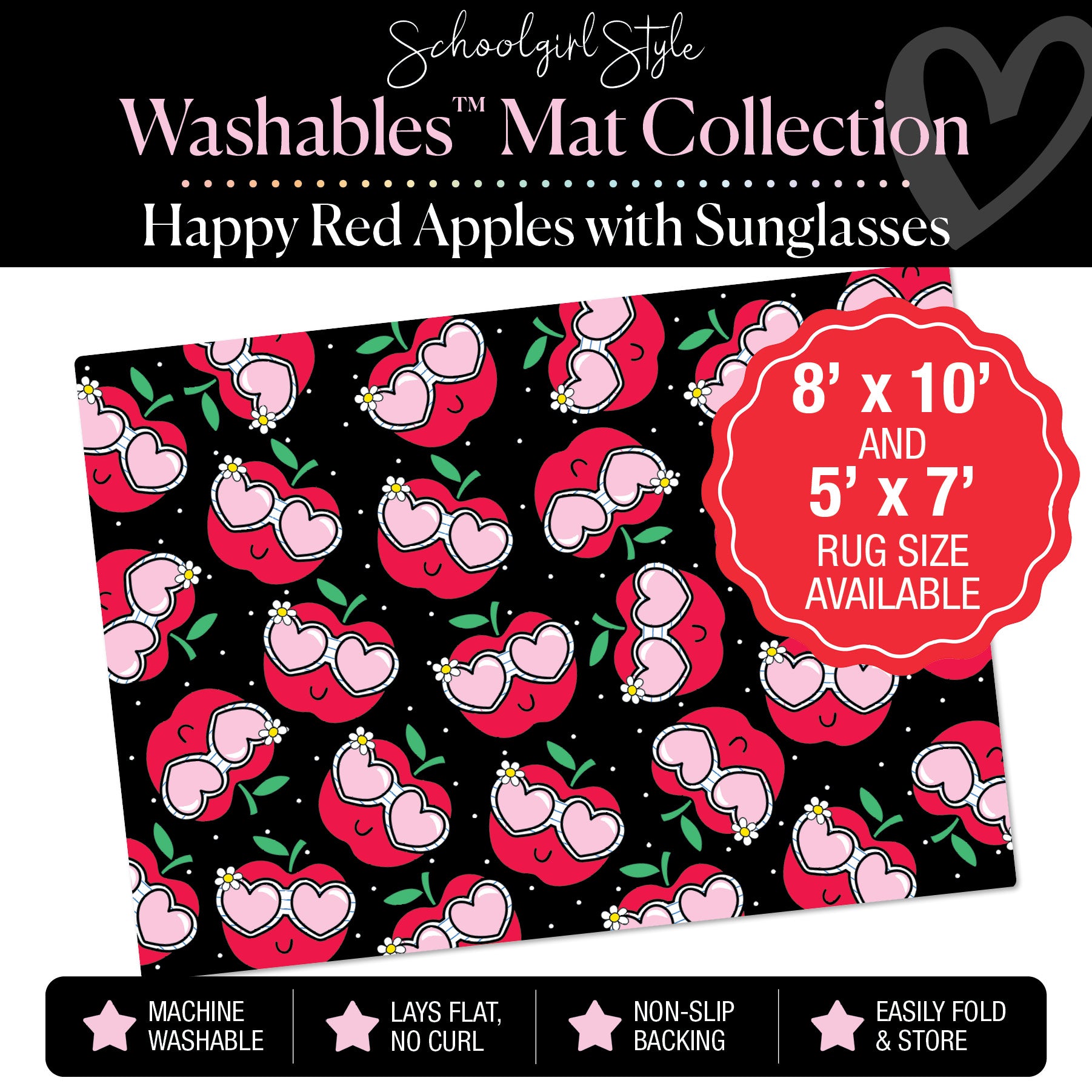 Happy Red Apples with Sunglasses on Black Background Classroom Mat by Schoolgirl Style