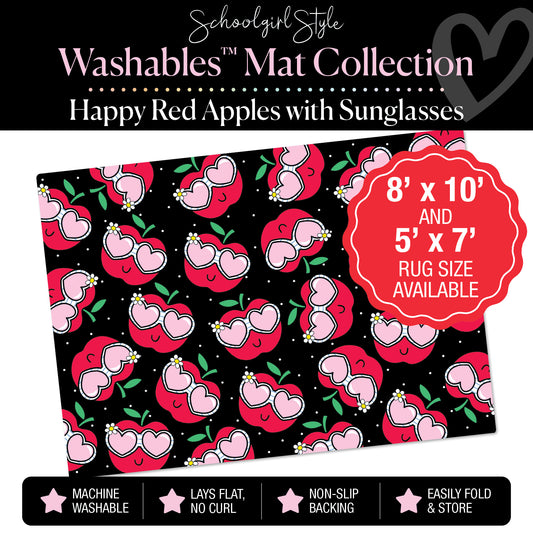 Happy Red Apples with Sunglasses on Black Background Classroom Mat by Schoolgirl Style