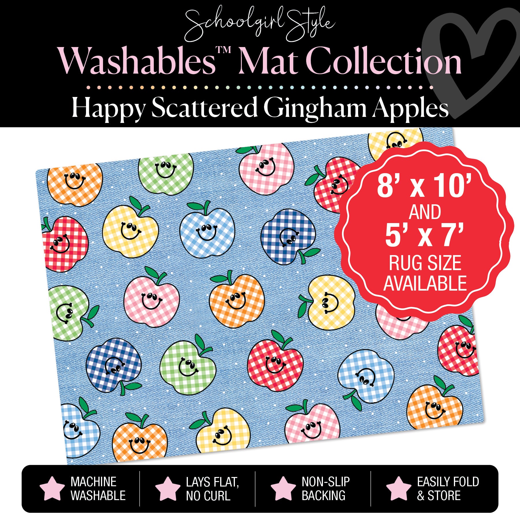 Scattered Happy Gingham Apples on Jean Classroom Mat by Schoolgirl Style