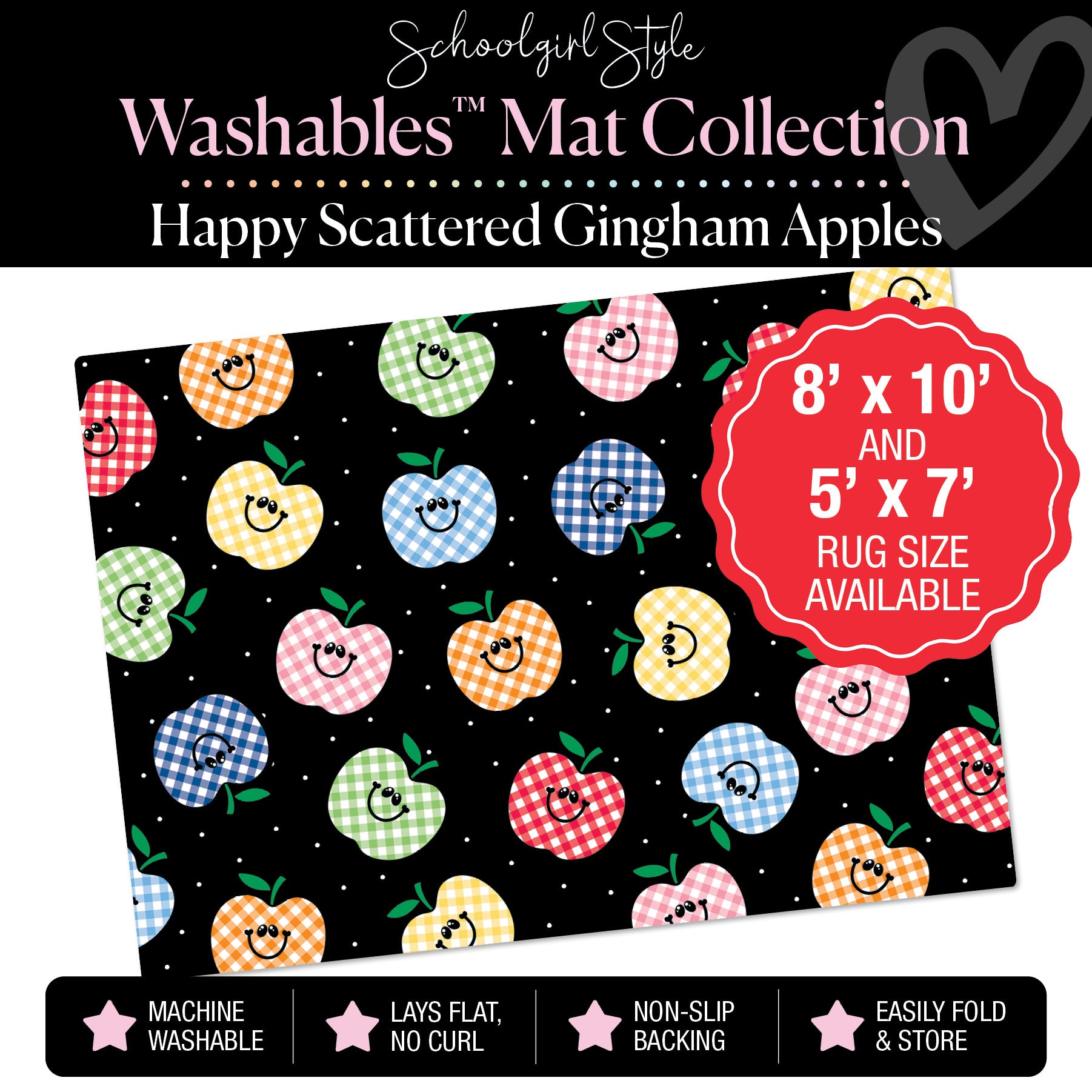 Scattered Happy Gingham Apples on Black Classroom Mat by Schoolgirl Style