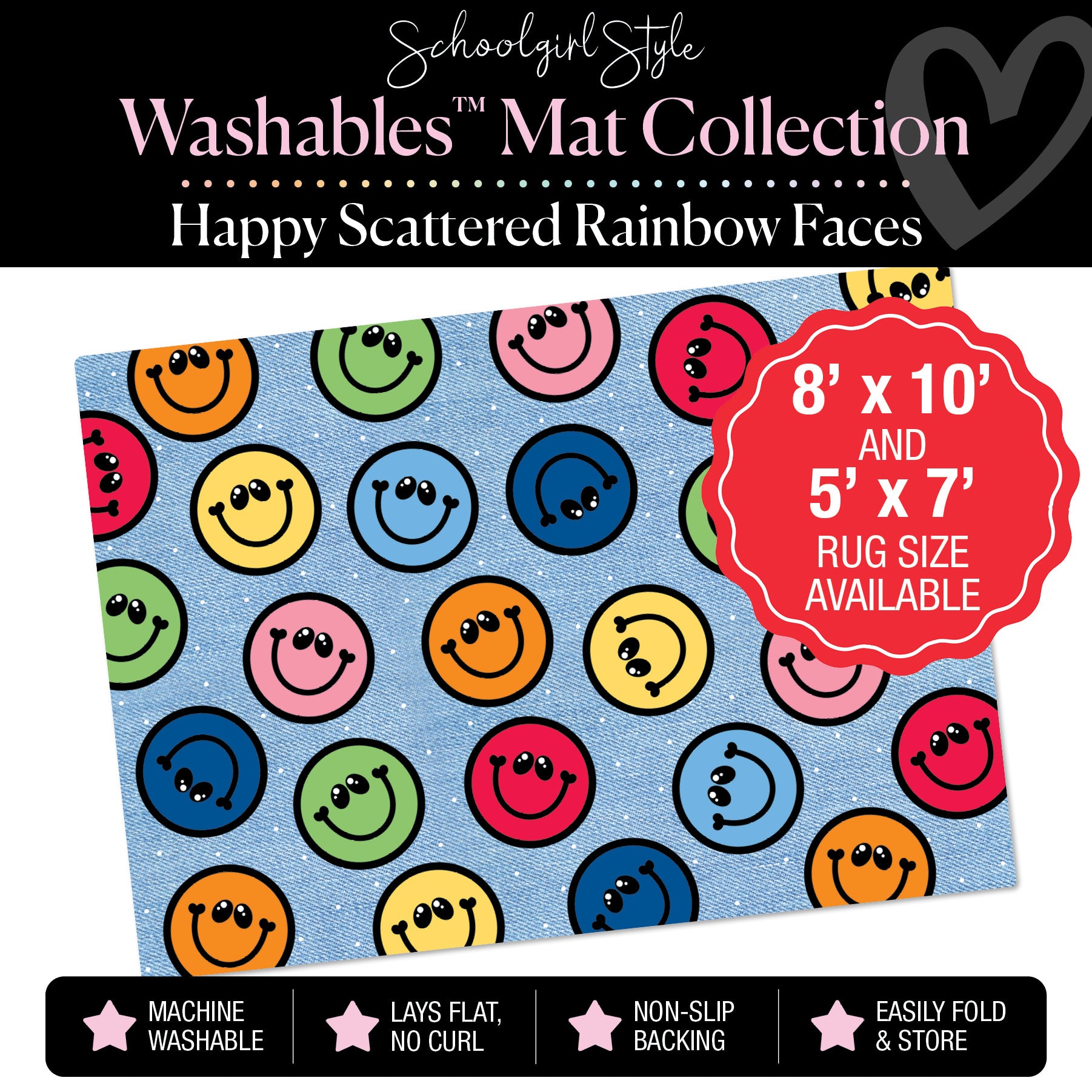 Scattered Happy Rainbow Faces on Jean Classroom Mat by Schoolgirl Style