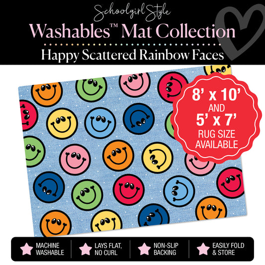 Scattered Happy Rainbow Faces on Jean Classroom Mat by Schoolgirl Style