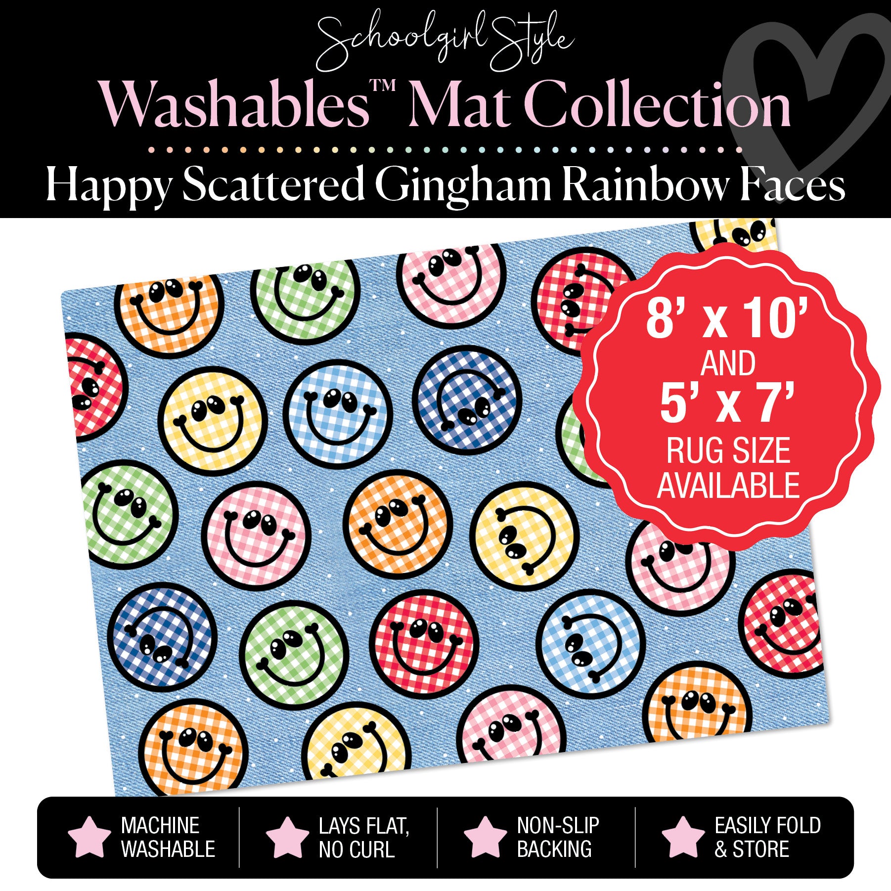 Scattered Happy Gingham Rainbow Faces on Composition Classroom Mat by Schoolgirl Style