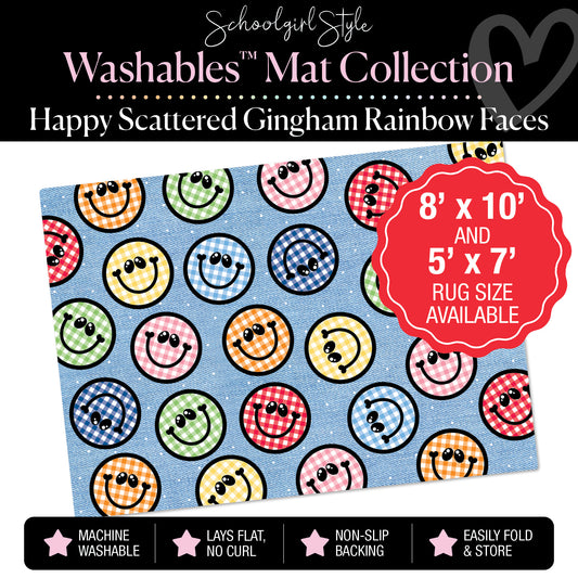 Scattered Happy Gingham Rainbow Faces on Composition Classroom Mat by Schoolgirl Style