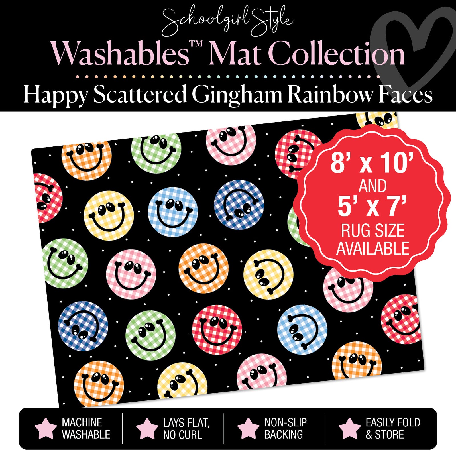 Scattered Happy Gingham Rainbow Faces on Black Classroom Mat by Schoolgirl Style