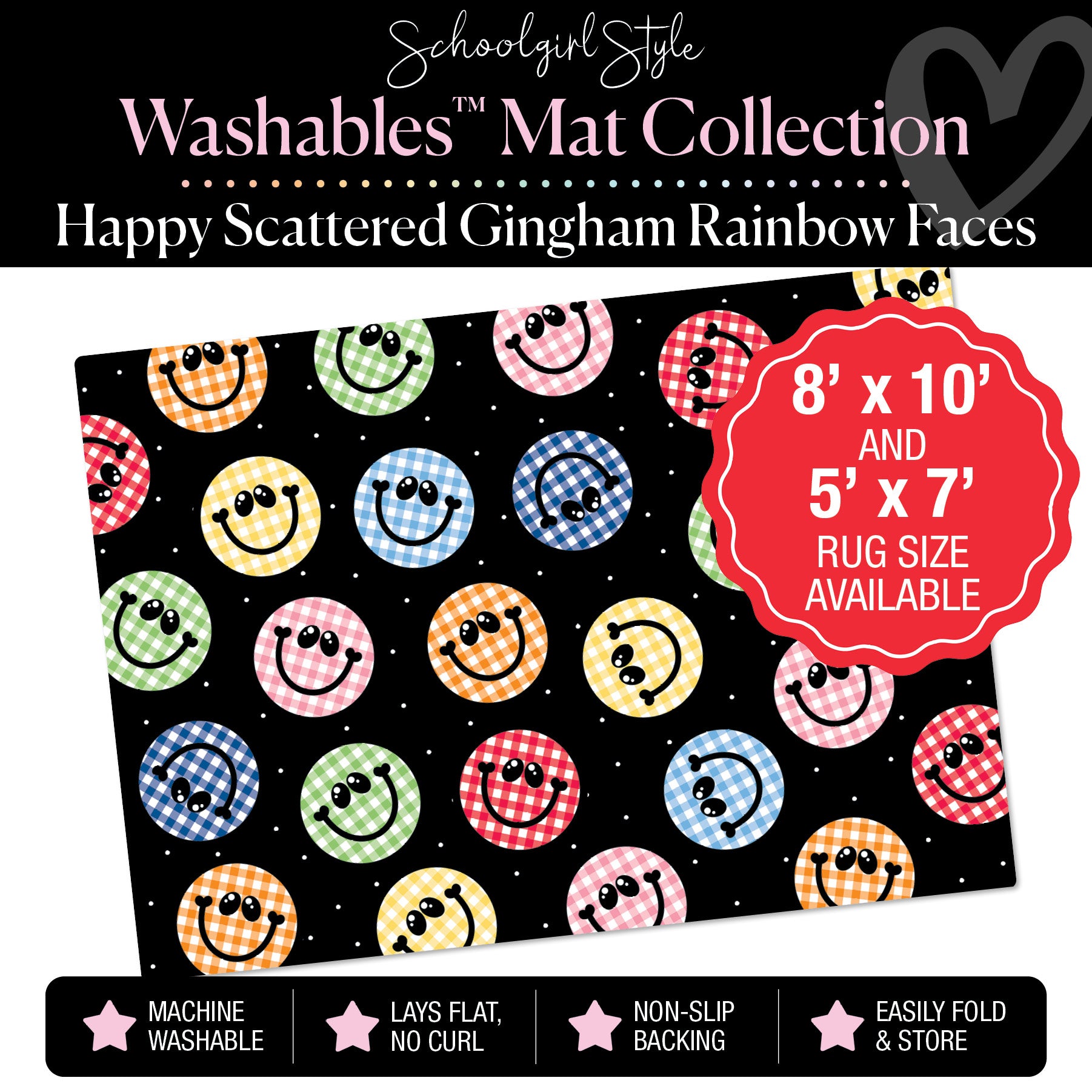 Scattered Happy Gingham Rainbow Faces on Black Classroom Mat by Schoolgirl Style