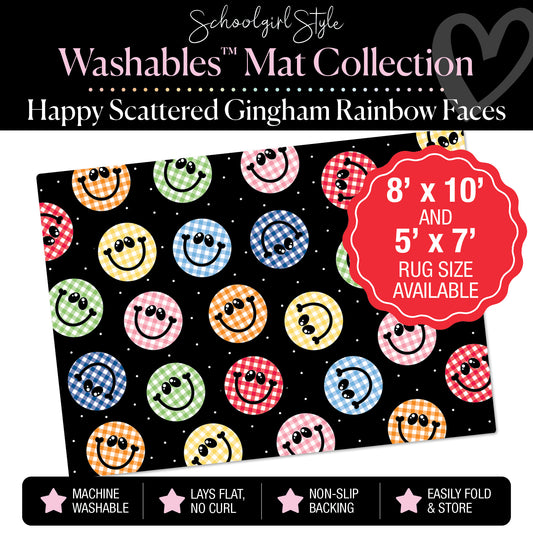 Scattered Happy Gingham Rainbow Faces on Black Classroom Mat by Schoolgirl Style
