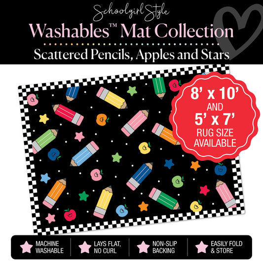 Scattered Pencils, Happy Apples and Rainbow Stars with Checkerboard Border Classroom Mat by Schoolgirl Style