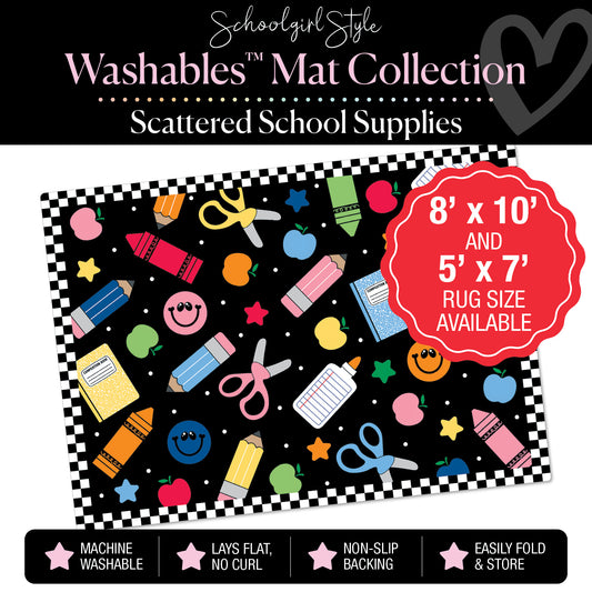 Scattered School Supplies with Checkerboard Border Classroom Mat by Schoolgirl Style
