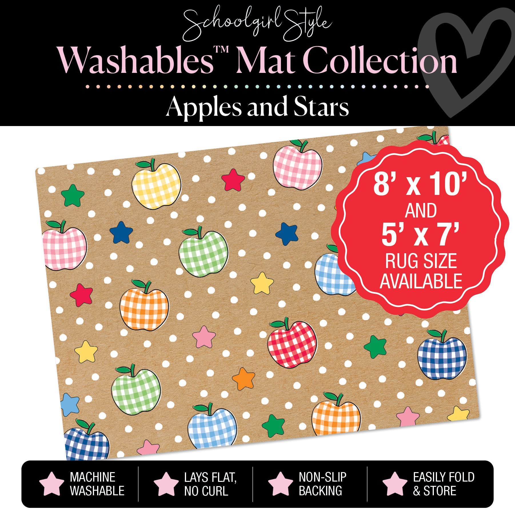 Checkerboard Apples and Stars on Banner Backdrop Classroom Mat by Schoolgirl Style