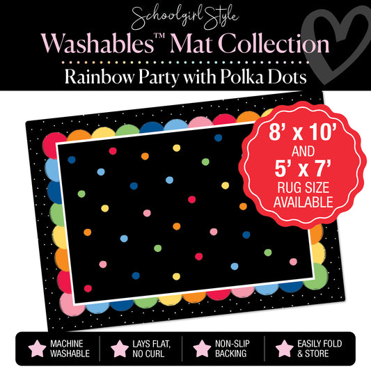 Scattered Rainbow Polka Dots with Rainbow Ombre Border on Black Background Classroom Mat by Schoolgirl Style