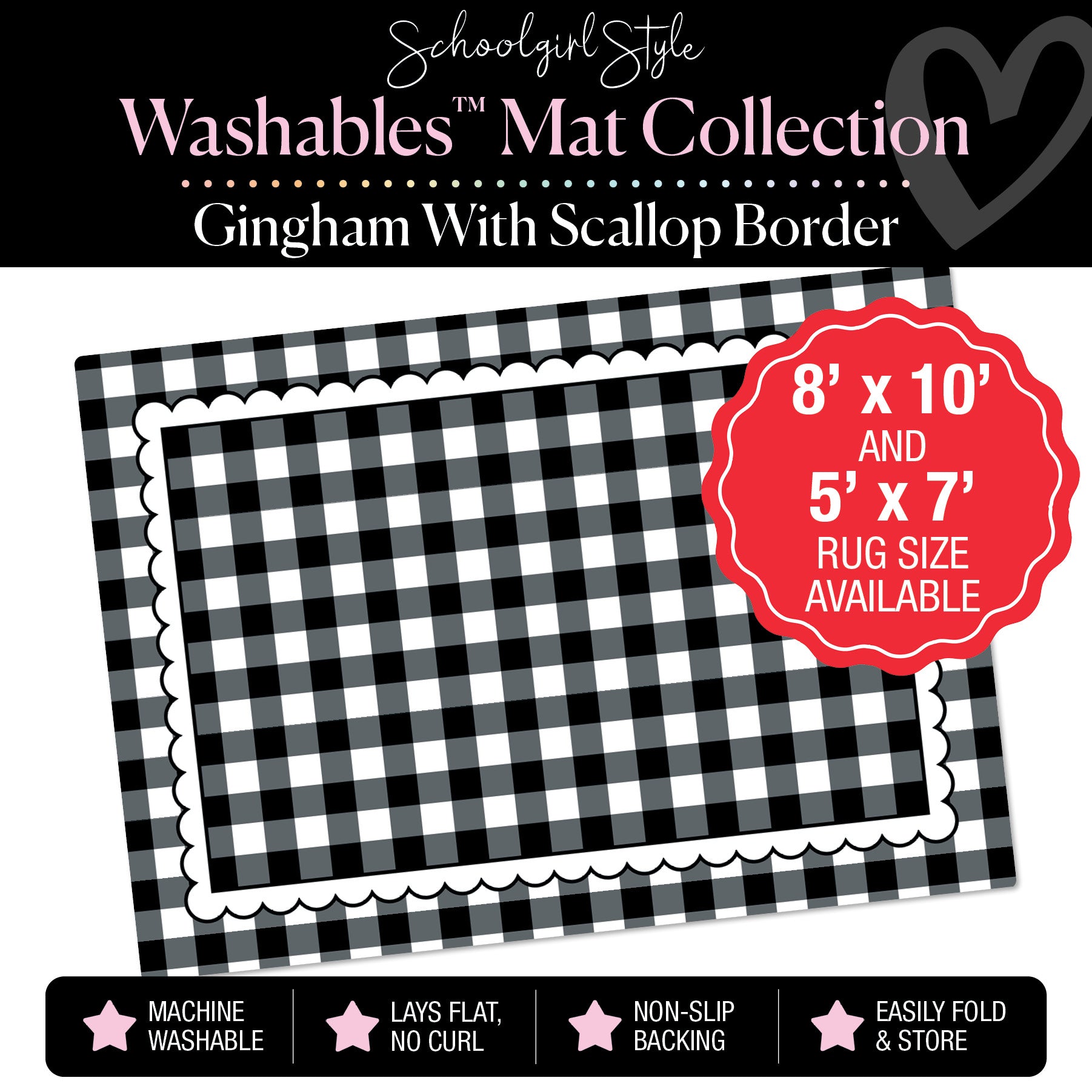Black and White Checkerboard with Scallop Border Classroom Mat by Schoolgirl Style