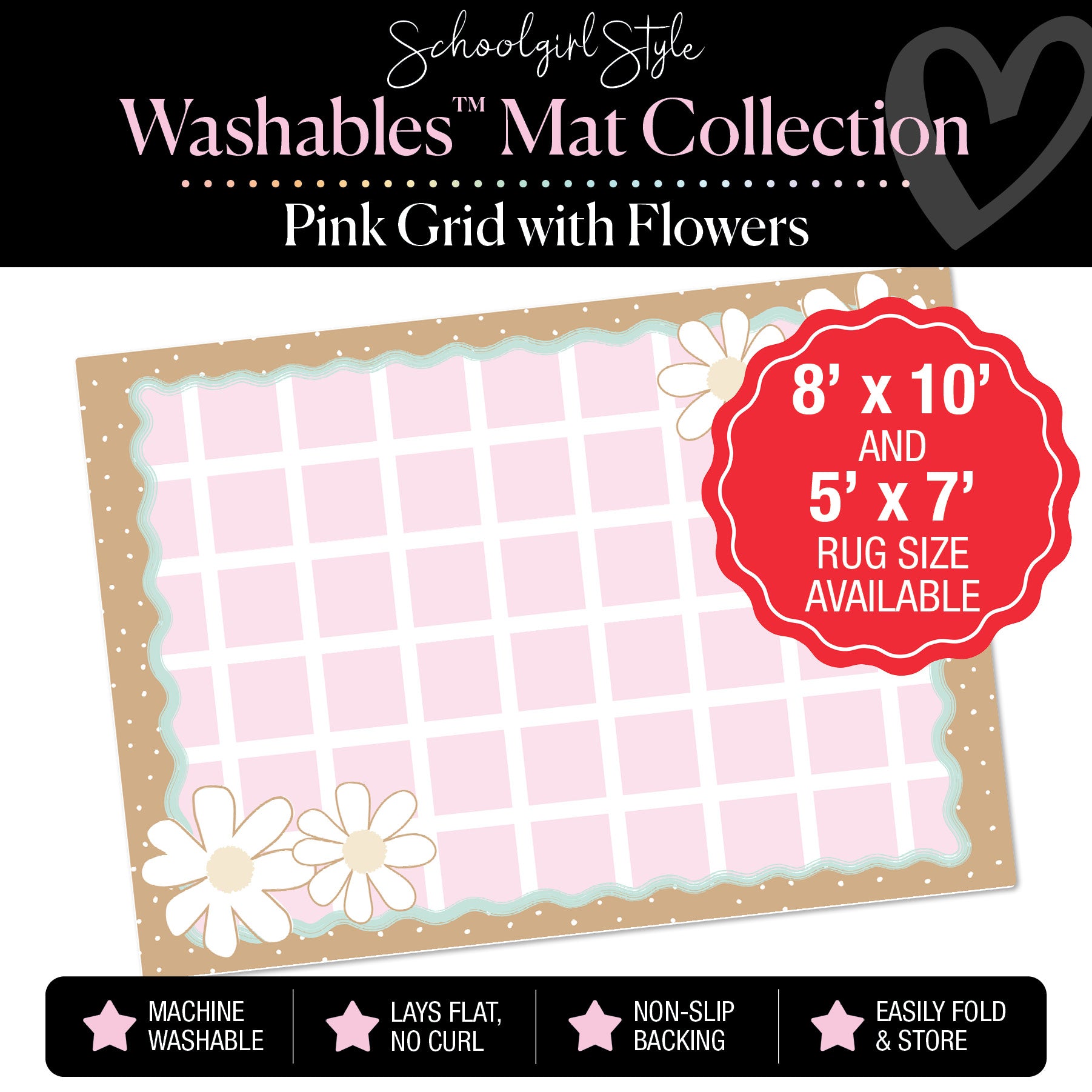 Pink Grid with Flowers Classroom Mat by Schoolgirl Style