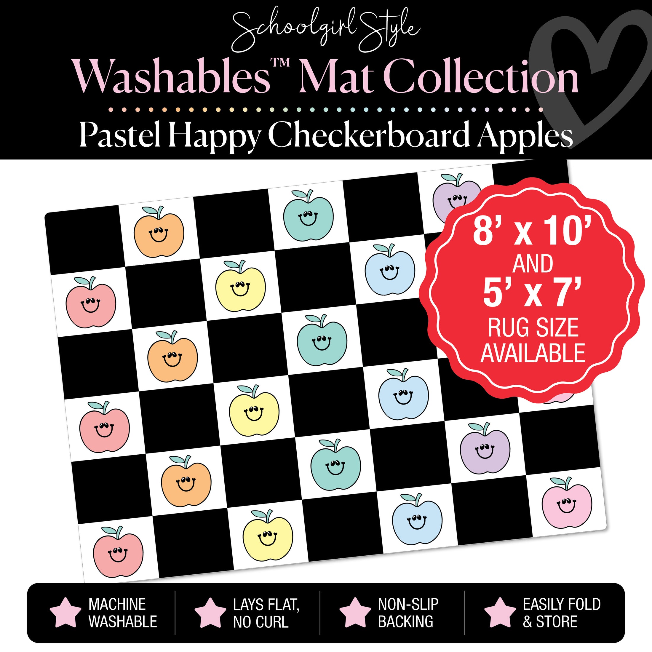 Pastel Happy Apples on Black and White Checkerboard Classroom Mat by Schoolgirl Style