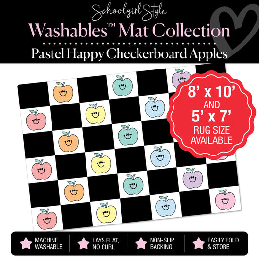 Pastel Happy Apples on Black and White Checkerboard Classroom Mat by Schoolgirl Style